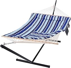 7. SUNCREAT Hammock Double Hammock with Stand, Blue Stripe