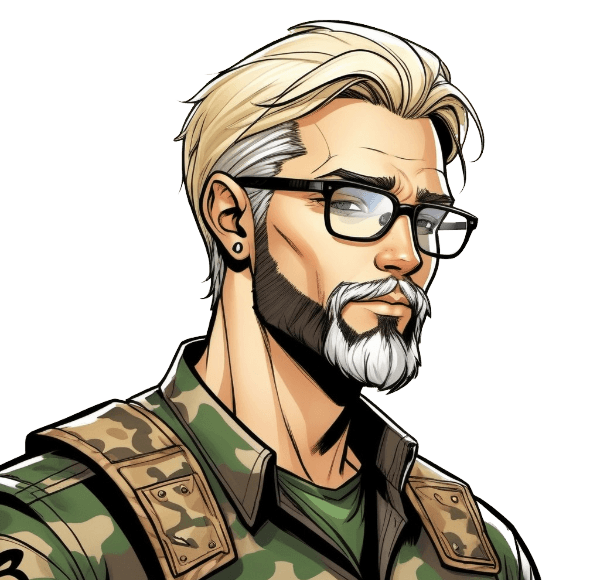 Illustration of a man with blond hair, a styled beard, and glasses, wearing a camouflage military jacket.